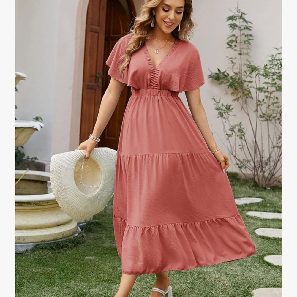 Amegoya Women's Short Sleeve V Neck Floral Maxi